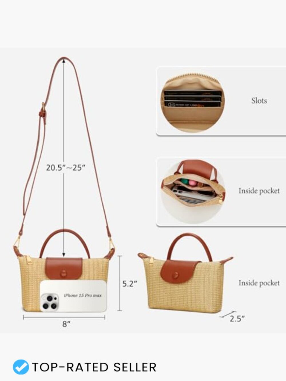 Mini Straw Crossbody Bag Summer Beach Handbag Woven Shoulder Purse - Picture 3 of 7